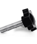 Side view of black plastic star-shaped knob with a silver 1/4-20 threaded bolt