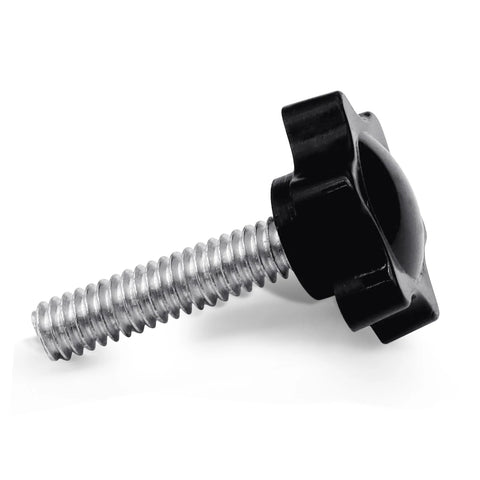 Side view of black plastic star-shaped knob with a silver 1/4-20 threaded bolt