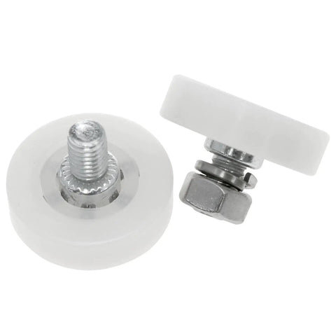 Get It Done Right 10 Pack 1 Inch Drawer Rollers And Heavy Duty Ball Bearings with stainless steel bolts and white nylon wheels.