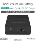 12V Rechargeable 3000mAh Power Bank for LED Strips and Panels, CCTV Cameras, Amplifiers, and Telescopes with features labeled