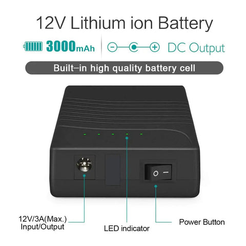 12V Rechargeable 3000mAh Power Bank for LED Strips and Panels, CCTV Cameras, Amplifiers, and Telescopes with features labeled