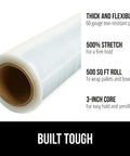 Heavy Duty Stretch Film Shrink Wrap For Moving And Storage, Extra Thick 60 Gauge With 500 Percent Stretch, showing a clear 60-gauge roll.