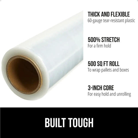 Heavy Duty Stretch Film Shrink Wrap For Moving And Storage, Extra Thick 60 Gauge With 500 Percent Stretch, showing a clear 60-gauge roll.