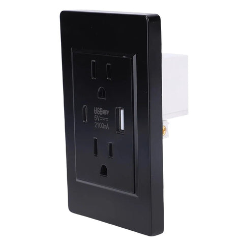 Heavy Duty Wall Outlet With Killer Usb And Type C Charging Ports, 15 Amp Electrical Receptacle in modern black finish.