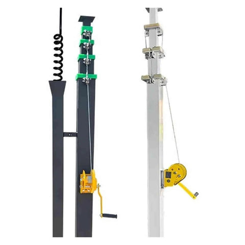 Heavy Duty Telescopic Hand Lift Pole That Cranks Up To Eight Meters Featuring Thick Alloy Frame and height locks with crank mechanism.