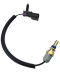 Radiator coolant temperature sensor pigtail with brass sensor and blue O-ring, coiled black wiring; front view.