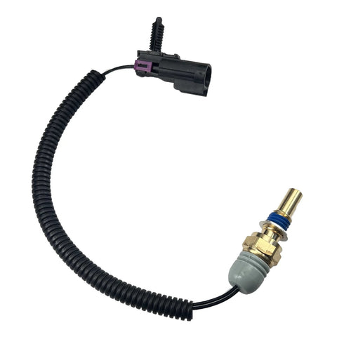 Radiator coolant temperature sensor pigtail with brass sensor and blue O-ring, coiled black wiring; front view.