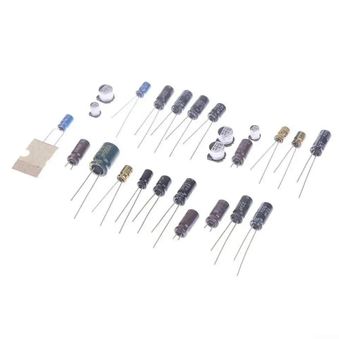 25 Pcs GameGear Capacitor Set For GG Motherboard Replacement, Standard Size Metal Capacitors For Stable Console Repair And Reliable Performance In Industrial Equipment Supplies. Assorted leaded capacitors on white background