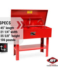 Heavy Duty 40 Gallon Parts Washer With 22 Gal Tank Capacity And Flexible Spray Wand showing specs and dimensions in red color.