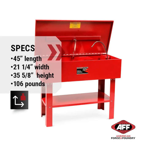 Heavy Duty 40 Gallon Parts Washer With 22 Gal Tank Capacity And Flexible Spray Wand showing specs and dimensions in red color.