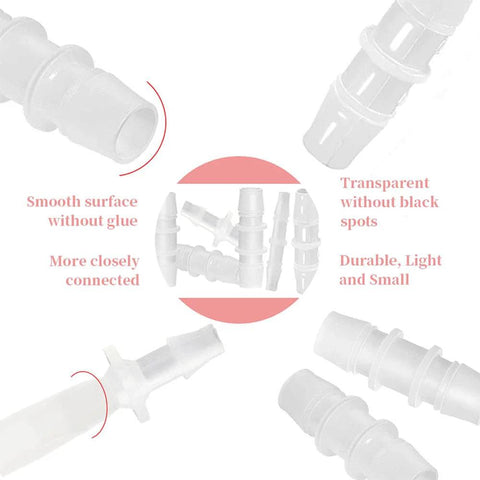 Plastic Hose Barb Fittings Pack Of Eight Barbed Adapters For Air Water And Fuel Lines In Sizes Three Sixteenths Inch One Quarter Inch Three Eighths Inch One Half Inch And Five Eighths Inch Durable Polypropylene showing smooth surface and connection details