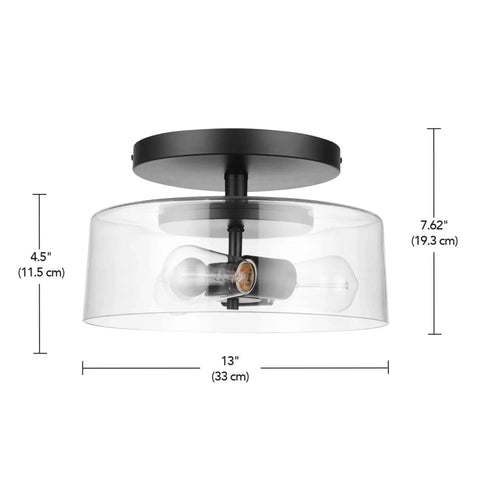 Industrial 3 Light Flush Mount Ceiling Fixture In Matte Black With Clear Glass Shade And Vintage Edison Bulbs Included For Modern Kitchen Or Dining Room Lighting, dimensions visible.
