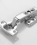 Top Grade Stainless Steel Soft Close Hinges For Cabinets And Closets Featuring Hydraulic Full Overlay Action With No Sweat Mounting And Rock Solid Durability In A 20 Piece Pack showing a single hinge side view.