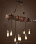 Rustic Industrial 8-Light Pendant Chandelier For Dining Room And Kitchen Island in wood with vintage bulbs, 37-Inch length