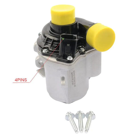 BMW Replacement Electric Engine Water Pump With Bolts For 3.0L I6 Engines shown with mounting bolts, black and silver design