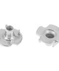 100 Pieces T Nuts Carbon Steel Zinc Plated Four Prong For Wood And Chipboard Woodworking And Furniture M5 Size Durable Rust Resistant For Cabinets Shelves Drawers And DIY Projects Anti Turn Design For Secure Fittings shown in detail.
