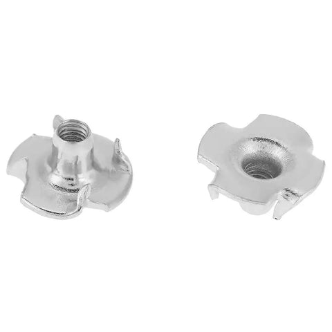 100 Pieces T Nuts Carbon Steel Zinc Plated Four Prong For Wood And Chipboard Woodworking And Furniture M5 Size Durable Rust Resistant For Cabinets Shelves Drawers And DIY Projects Anti Turn Design For Secure Fittings shown in detail.