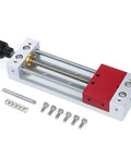 LONGFDX Wood Carving Vise For CNC Engraving Machine showing compact design with polished guide rods and adjustable grip screws.