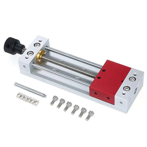 LONGFDX Wood Carving Vise For CNC Engraving Machine showing compact design with polished guide rods and adjustable grip screws.