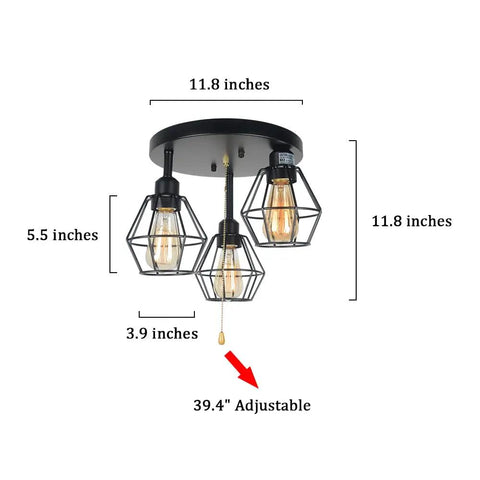 Industrial Dope Pull Chain Ceiling Light Fixture With Black Metal Cage Semi Flush Mount Three Light Edison E26 Steampunk Vibe