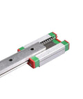 Close-up of Four Piece MGN7H Linear Motion Slider Kit Plus Two MGN Rails, 250mm Rail, chrome plated bearing steel for precision motion.