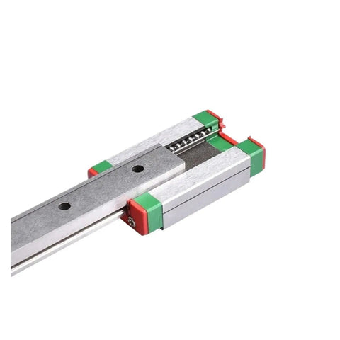 Close-up of Four Piece MGN7H Linear Motion Slider Kit Plus Two MGN Rails, 250mm Rail, chrome plated bearing steel for precision motion.