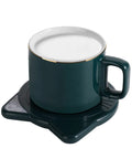 Keep Your Daily Grind Toasty With This Rapid Heating Desk Coffee Warmer Featuring Smart Temperature Controls Dual Timer Auto Shutoff And An Anti Slip Plate For Zero Mess Sipping, with a green ceramic mug on a coaster.
