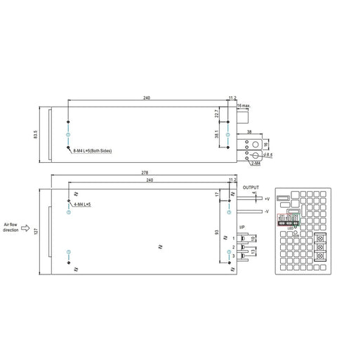 Switch Power Supply 750W To 3000W With 48V 50A Output, High Efficiency Voltage Regulator Module For Industrial Use, Heavy Duty 2400 48V System, Overload Protection, Quiet Cooling, Pro Grade For Industrial Projects dimension drawing with terminals