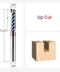 SpeTool O-flute CNC router bit, 1/4" shank, 1" cutting length, up-cut, shown with wooden block.