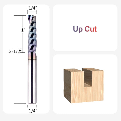 SpeTool O-flute CNC router bit, 1/4" shank, 1" cutting length, up-cut, shown with wooden block.