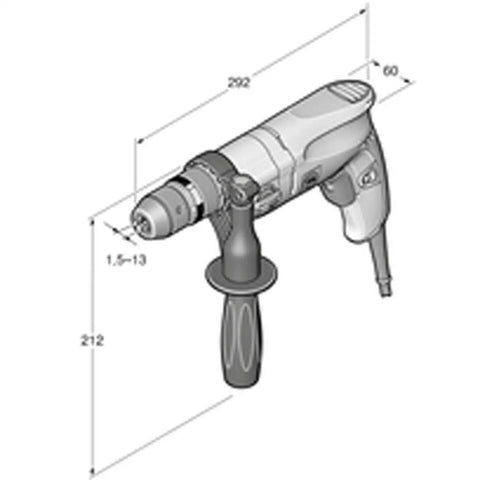 Heavy Duty Workhorse Two Speed Corded Drill With 500 Watt Motor, dimensions shown, suitable for steel work.