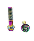 Heavy Duty Aviation Grade Titanium Hex Head Bolts With Dripping Rainbow Pvd Coating M10x1.25x65mm displaying rainbow colors and drilled hex design.