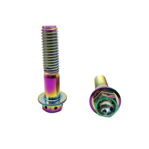 Heavy Duty Aviation Grade Titanium Hex Head Bolts With Dripping Rainbow Pvd Coating M10x1.25x65mm displaying rainbow colors and drilled hex design.