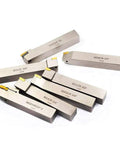 Front view of 7-piece OSCARBIDE 3/4-inch shank nickel-plated indexable lathe tool holder set with carbide inserts
