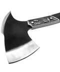Beast Mode Full Tang Chopping Axe With Wooden Handle, close-up of stainless steel blade and detailed ornate handle pattern