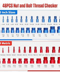 Thread gauge set, front view, 48 pcs, blue 25-inch sizes and red 23-metric sizes.