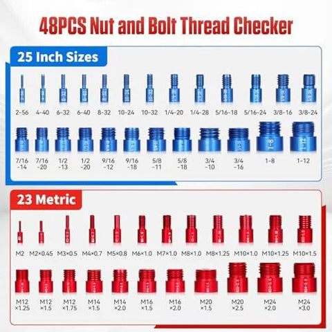 Thread gauge set, front view, 48 pcs, blue 25-inch sizes and red 23-metric sizes.