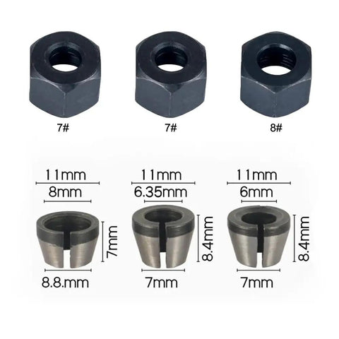 Three Piece Wood Router Collet Adapter Kit With Nuts For Flush Trim Router Bits 6mm 6.35mm And 8mm Shanks