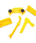 Five Piece Safety Woodworking Push Block And Stick Set With Yellow Plastic Board For Table Saws Router Tables Band Saws And Jointers Provides Secure Workpiece Grips And Boosts Control For Safer Accurate Cuts, featuring two push blocks, V-stick, push stick, and board.