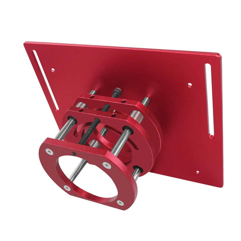Adjustable Inverted Base Milling Table For Woodworking Planer And Trimmer Combo held at an angle showing red aluminum construction for precision.