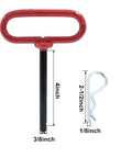 Three Eighths By Four Inch Trailer Tow Hitch Pin And Clip In Red For RVs, Tractors, And Lawn Mowers, black powder-coated steel.