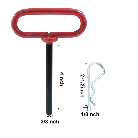 Three Eighths By Four Inch Trailer Tow Hitch Pin And Clip In Red For RVs, Tractors, And Lawn Mowers, black powder-coated steel.