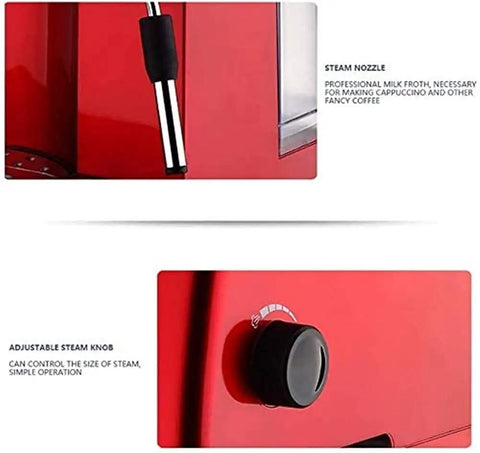 Close-up of steam nozzle and adjustable steam knob on Semi Automatic Espresso Machine With 15 Bar Pressure, Red Coffee Maker.