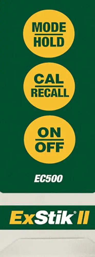 Waterproof ExStik II pH and Conductivity Meter buttons with Mode Hold, Cal Recall, On Off labels