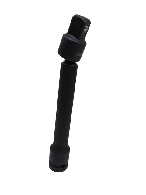 Six Inch Universal Joint Swivel Impact Extension Half Inch Drive To Half Inch Drive Pinless, 360 Degree Flex, Heavy Duty Cr-Mo Alloy Forged And Heat Treated, High Torque For Tight Spots, Lifetime Limited Warranty. black 6-inch swivel extension for 1/2-inch drive