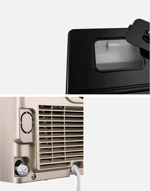 Top Shelf Portable Countertop Ice Maker Machine Snaps Frosty Cubes In Minutes Transparent Viewing Window Food Safe Abs Body showing side and top views with water outlet.