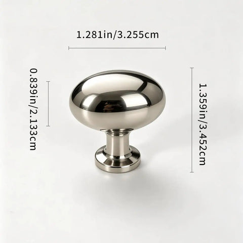 Top Shelf Slick Titanium Silver Mushroom Cabinet Knobs And Drawer Pulls For Kitchen Bathroom And Dresser Crafted From Rock Solid Zinc Alloy With Polished Chrome Finish Modern Minimalist Furniture Hardware 6 Pack Set close-up of a 1.28 inch zinc alloy mushroom knob.