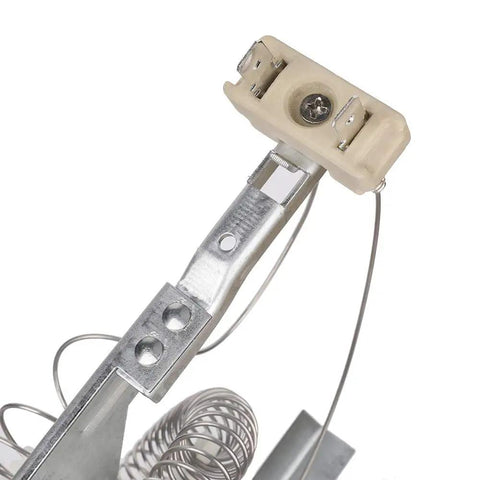 Close-up of All In One Dryer Heating Element Kit with metal coil and connector, compatible with Maytag Whirlpool Kenmore dryers.