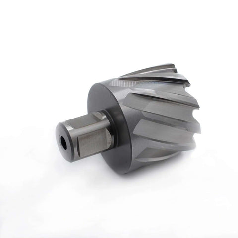 Oscarbide annular cutter side view with Weldon shank, 1-3/4 in diameter, 1 in depth.