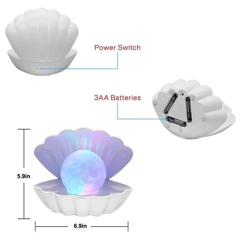 Shell Pearl Beach Themed Night Light With 8 Color RGB Mood Lighting Clamshell Bedside LED Lamp showing dimensions and battery placement.